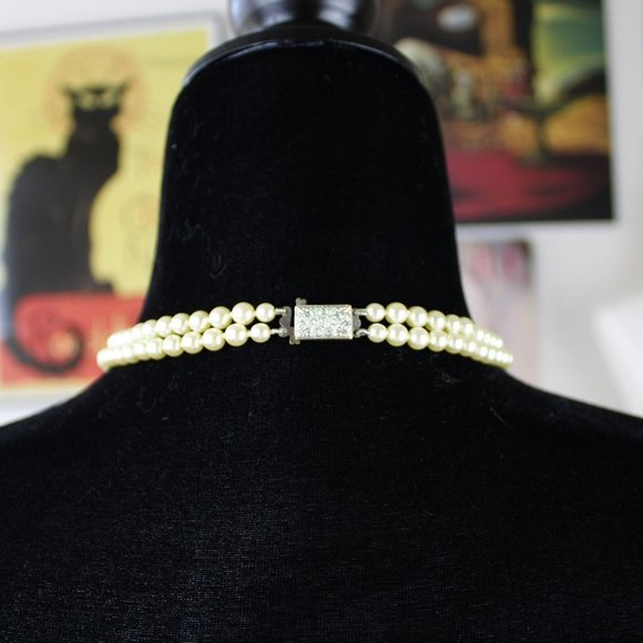 Mid Century Faux Pearl Double Strand Necklace, Rectangular Fish Hook Clasp J18 - Picture 8 of 8